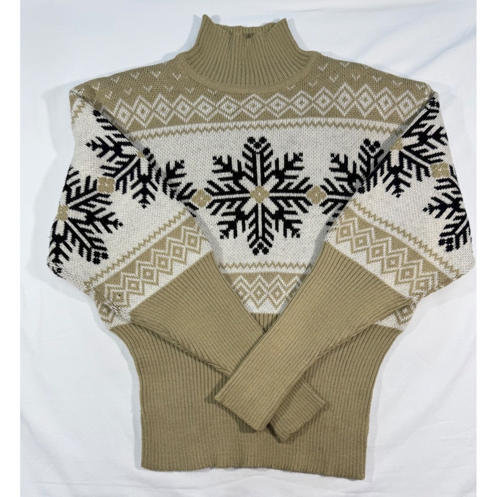 Vintage Nils Snowflake Fair Isle Wool Blend Turtleneck Ski Sweater Tan Large